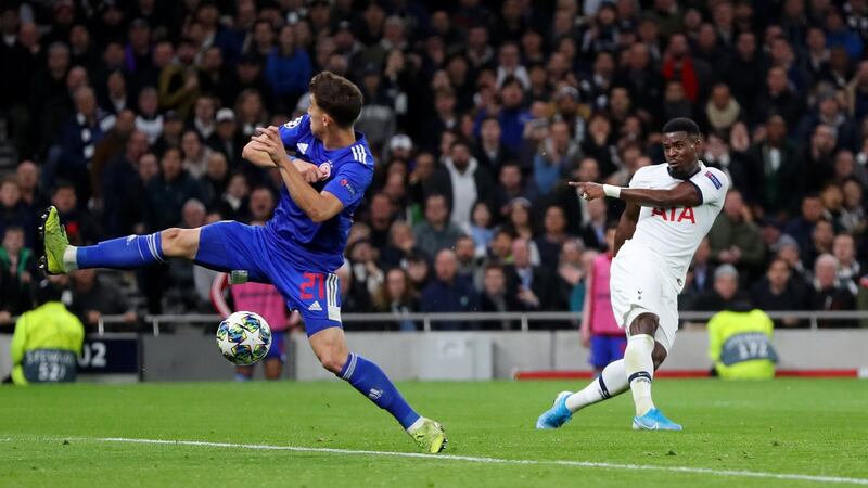 Serge Aurier scores Tottenham Hotspur team’s third goal during the Champions League Group B match against Olympiakos at Tottenham Hotspur Stadium. Photograph: Catherine Ivill/Getty Images