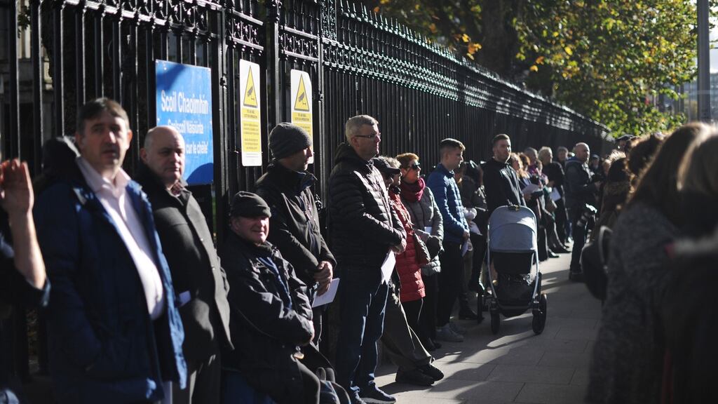 Die-hard Gay Byrne fans began gathering outside the Pro-Cathedral from 8 o’clock in the morning for the midday Mass. Photograph: Nick Bradshaw/The Irish Times
