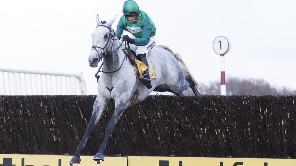 Bristol De Mai ridden by Daryl Jaob jumps the last fence to win the Betfair Chase in November in Haydock. The grey’s next outing will be in the Betway Bowl at Aintree. Photograph: Mark Robinson/Getty Images