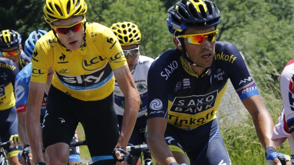 Last year’s winner, Britain’s Chris Froome (left), and Spain’s Alberto Contador in action during the ninth stage – between Saint-Girons and Bagnères-de-Bigorre – of last year’s Tour de France. The pair lock horns again in what promises to be one of the closest contests since Cadel Evans’ victory in 2011. Photograph: Jeff Pachoud/Getty Images