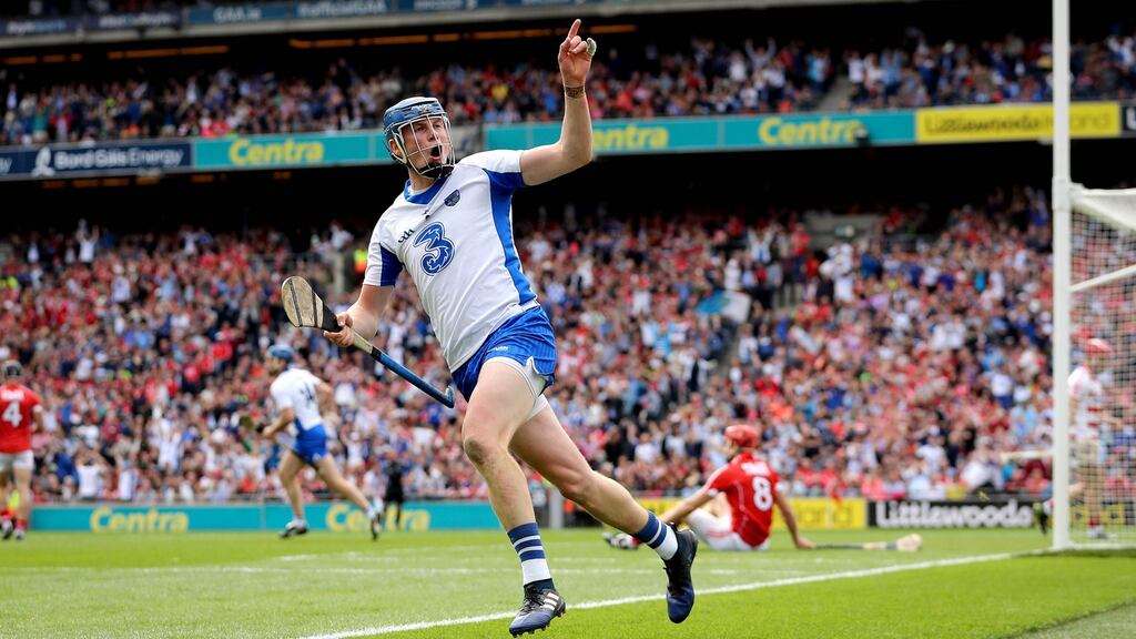 Waterford’s Austin Gleeson celebrates scoring his side’s third goal, a memorable individual effort, against Cork at Croke Park. Photograph: Ryan Byrne/Inpho