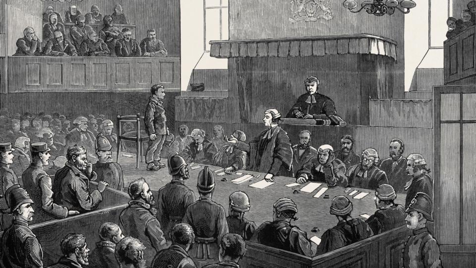 The Maamtrasna murder trial in a Galway court, as portrayed in a December 1882 edition of the Graphic, an illustrated British weekly. Image: Universal History Archive/UIG via Getty Images