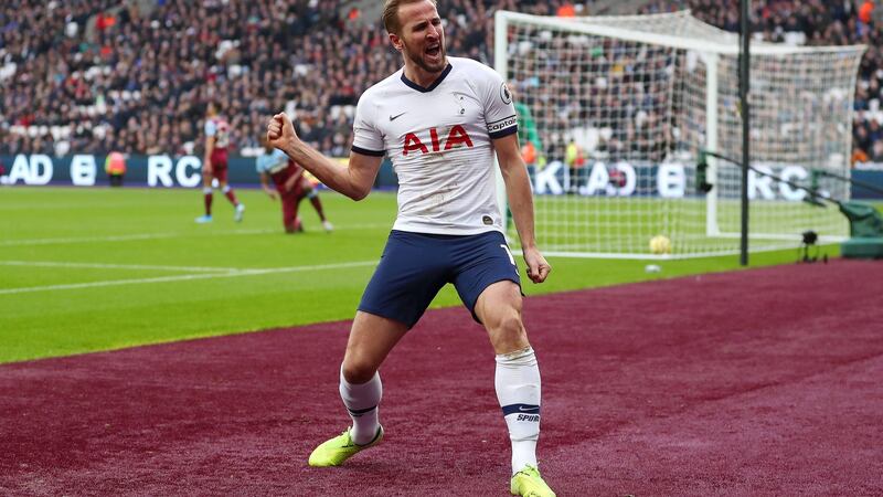 Harry Kane celebrates after scoring Tottenham Hotspur’s third goal of the Premier League match at London Stadium. Photograph: Catherine Ivill/Getty Images