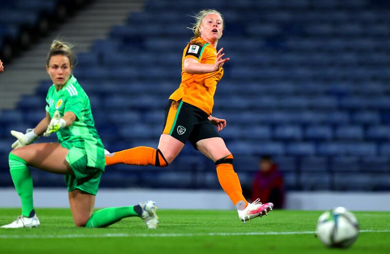 Amber Barrett scores the Republic of Ireland's winner against Scotland during the World Cup play-off at Hampden Park in Glasgow. Photograph: Ryan Byrne/Inpho