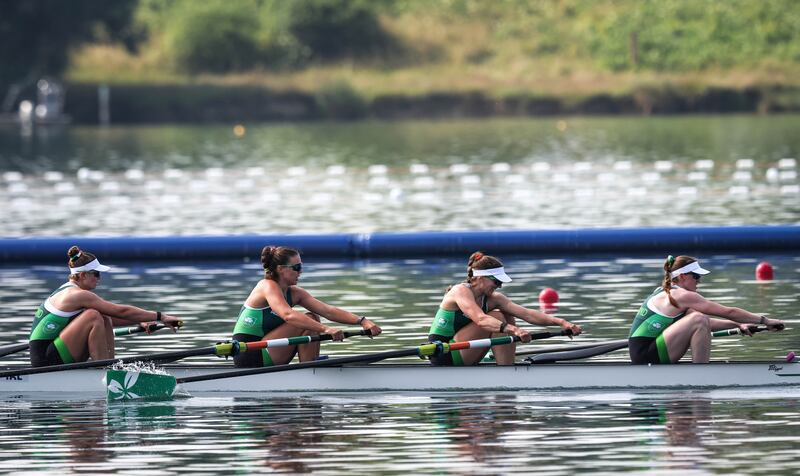 Paris 2024 Olympic Games, Vaires-sur-Marne Nautical Stadium, Paris, France 1/8/2024
Women’s Four Final B
Ireland’s Emily Hegarty, Natalie Long, Eimear Lambe and Imogen Magner on their way to winning 
Mandatory Credit ©INPHO/Ryan Byrne