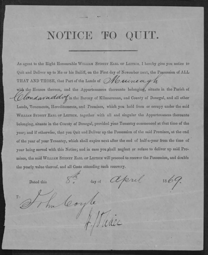 Donegal woman Eunice Coyle’s son Hugh died in the US civil war. Her pension claim was backed up by this eviction notice form the Earl of Leitrim