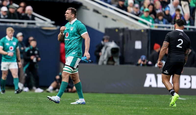 Tadhg Beirne is sent to the sin bin for a yellow card before it was upgraded to a red card against New Zealand at Soldier Field. Photograph: Dan Sheridan/Inpho