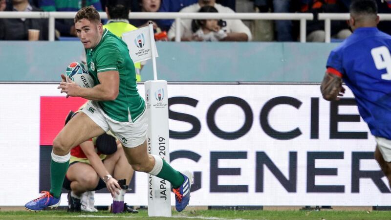 Jordan Larmour skates in to score Ireland’s fifth try in their win over Samoa. Photograph: Dan Sheridan/Inpho
