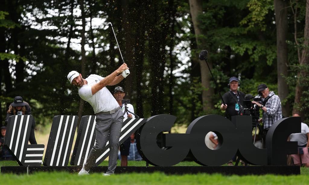 Dustin Johnson of the United States tees off on the 5th hole during day one of the LIV Golf Invitational at The Centurion Club. Photograph: Matthew Lewis/Getty Images