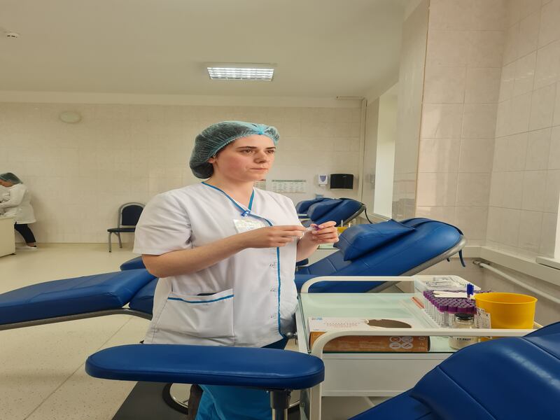 Nurse Cristina Zmochu, a Ukrainian refugee who works at Moldova’s National Blood Centre. Photograph: Naomi O'Leary