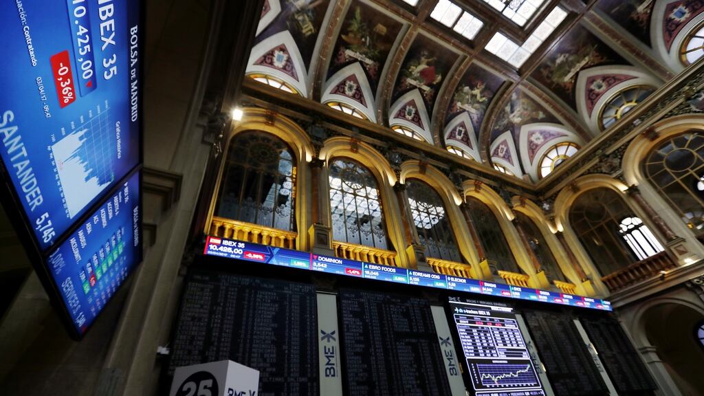 Madrid stock exchange: Spain’s Banco Popular extended its slide from the previous session, taking losses over the past two sessions to more than 11 per cent. Photograph: Sergio Barrenechea/EPA