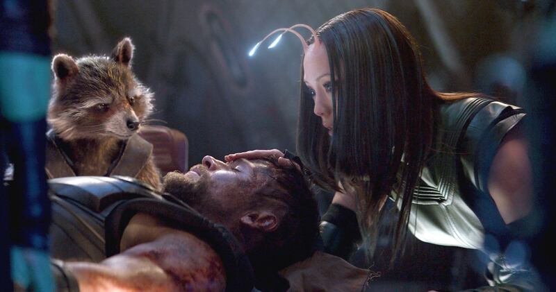Rocket (Bradley Cooper), Chris Hemsworth (Thor) and Mantis (Pom Klementieff) in Avengers: Infinity War. Photograph: Marvel Studios