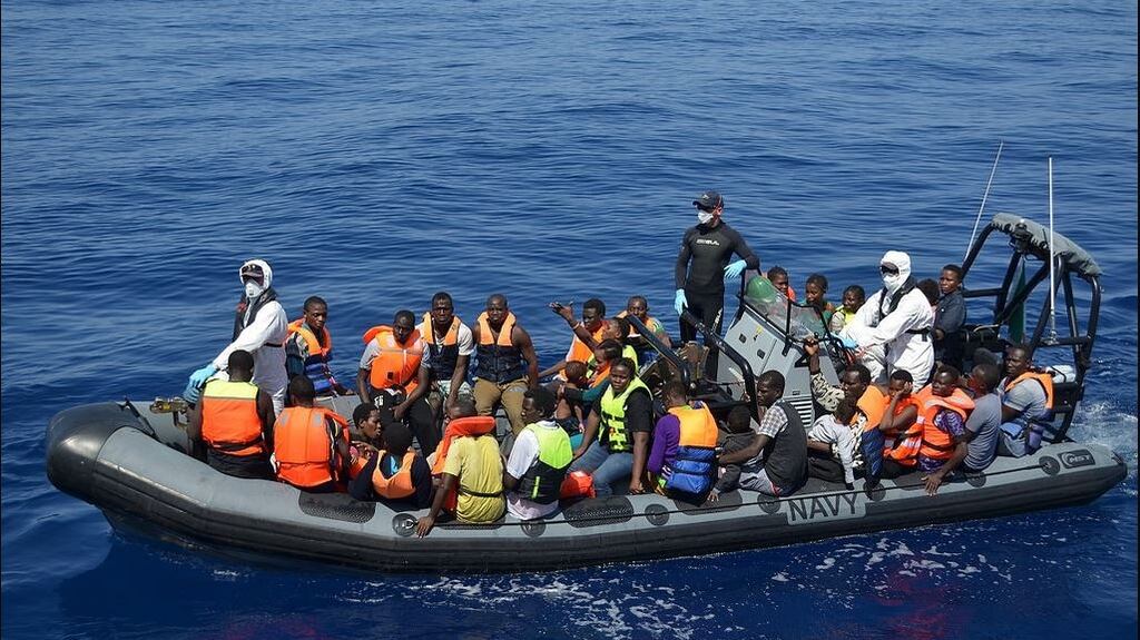 An image released by the Defence Forces showing a search-and-rescue operation by the LÉ James Joyce in the Mediterranean.