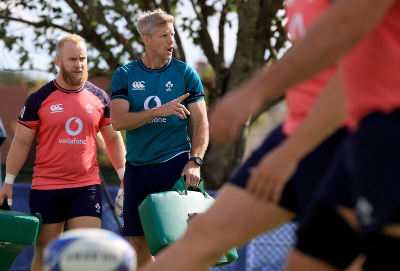 Jeremy Loughman and defence coach Simon Easterby at Ireland squad training in Tours, France. As well as the ease in moving around, the surprisingly varied restaurants and the buzz of a university city, Tours was apparently once the capital of France way back in the day. Photograph: Dan Sheridan/Inpho
