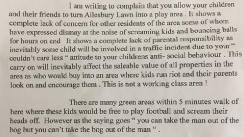 Letter sent from “Annoyed Resident” about children’s play that was hotly debated on social media this week