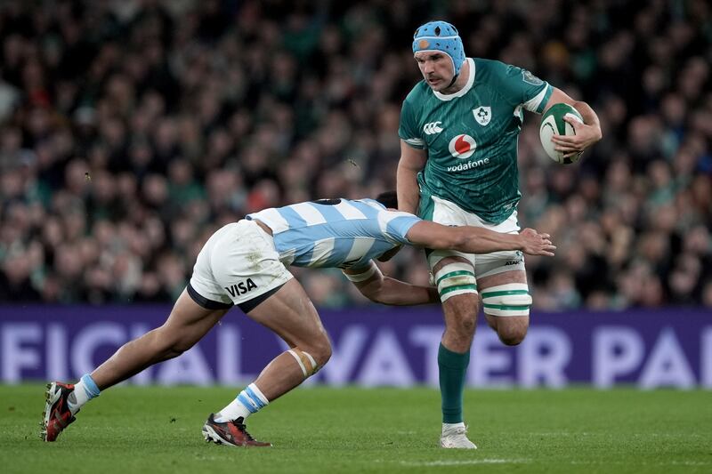 Ireland's Tadhg Beirne is tackled by Argentina's Lucio Cinti. Photograph: Brian Lawless/PA