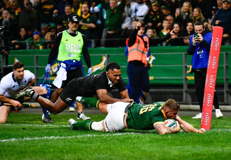 Malcolm Marx of the Springboks scores a try during the Castle Lager Rugby Championship match against New Zealand. Photograph: Ashley Vlotman/Gallo Images/Getty