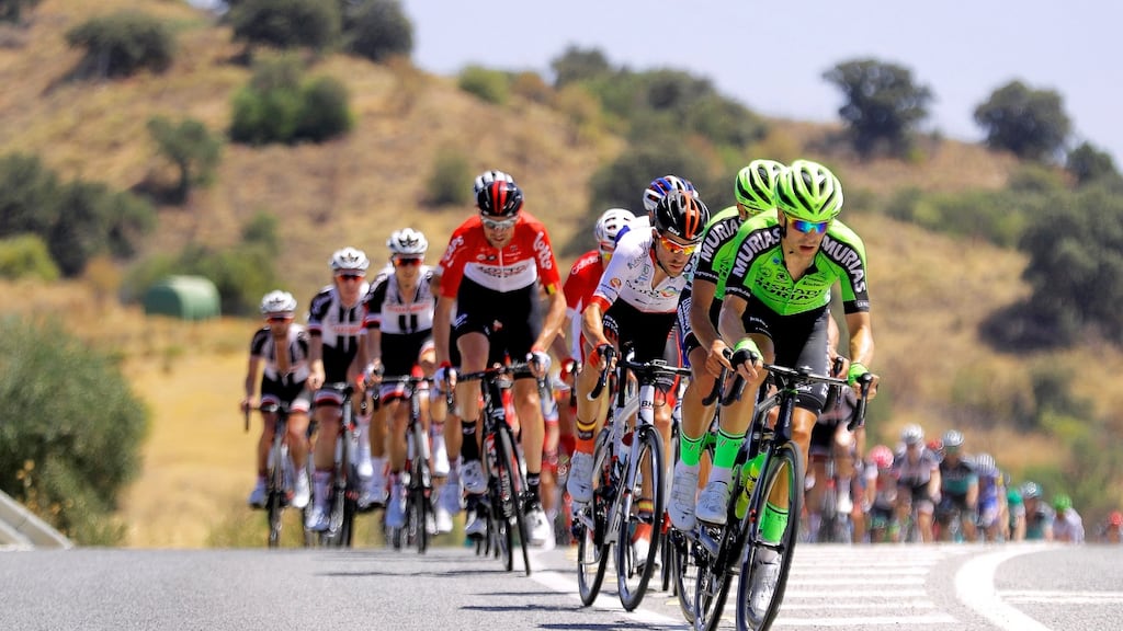 The peloton is on the way during the second stage of La Vuelta 2018 cycling tour. Photograph: Manuel Bruque