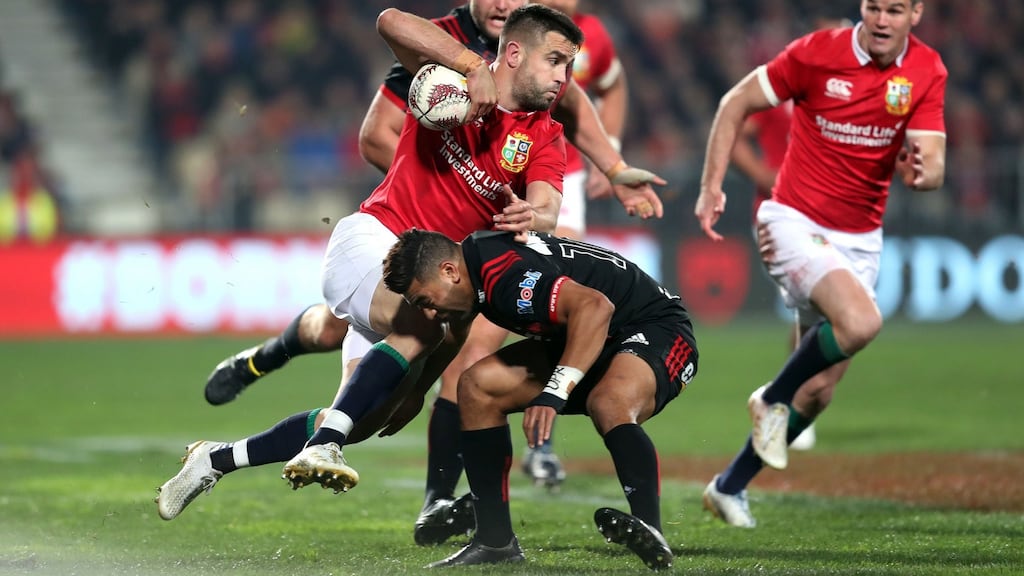 Lions scrumhalf Conor Murray is tackled during the tour match against the Crusaders at the AMI Stadium in Christchurch. Photograph: David Davies/PA Wire