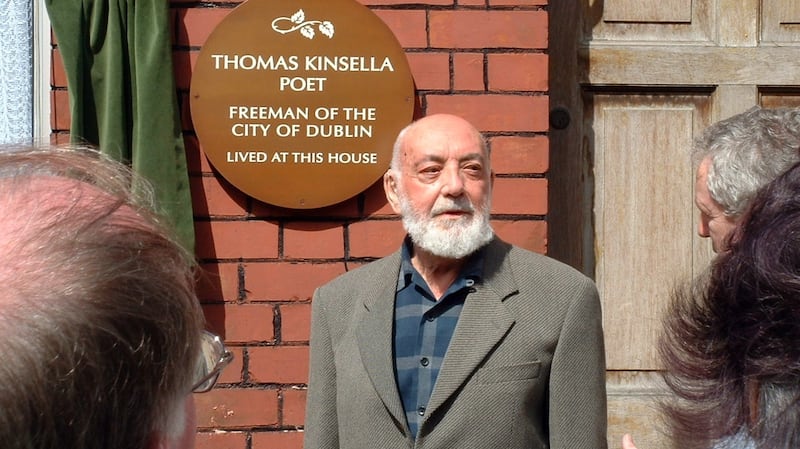 Thomas Kinsella at the unveiling of the plaque confirming him a Freeman of the City of Dublin. Photograph: Gerard Symth