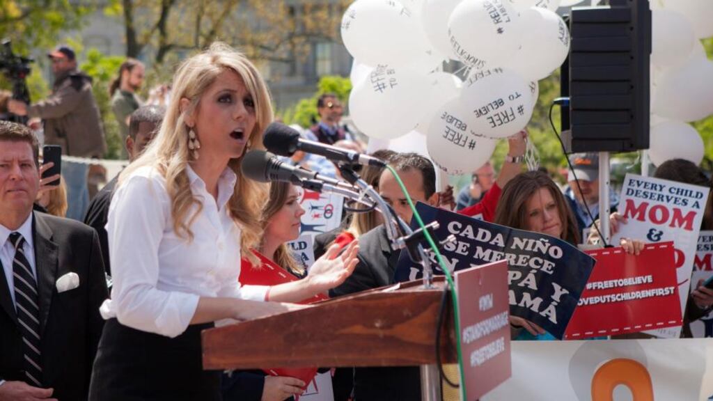 Nicole Hudgens, of Texas Values, voices her opposition to same-sex marriage outside the US Supreme Court in Washingon. Photograph: John Boal/ EPA