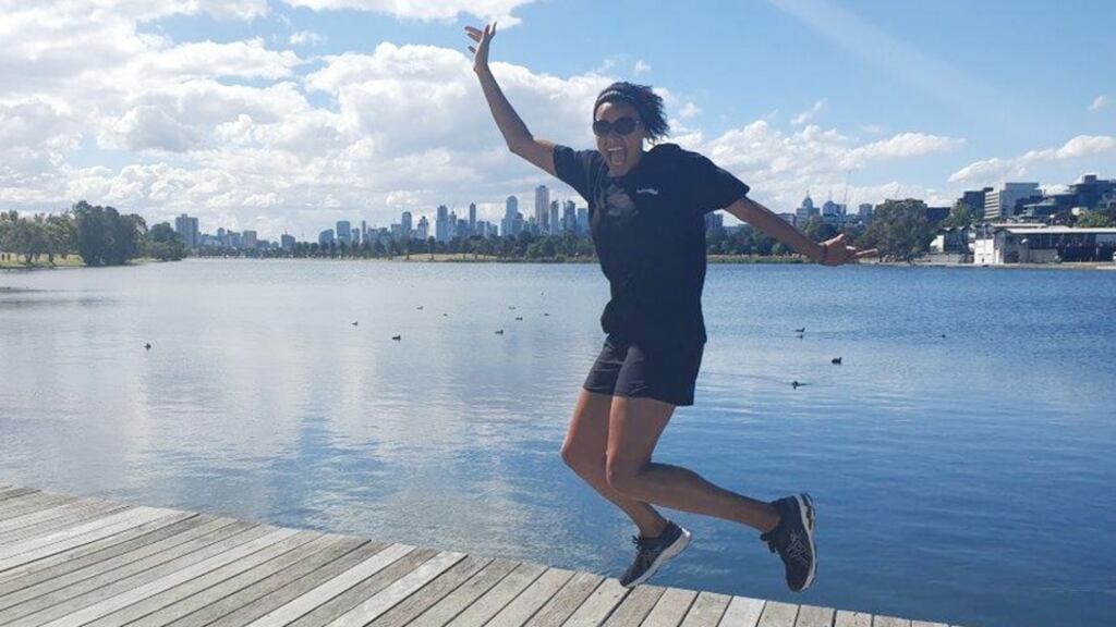 Sheila Magoye jumps for joy at the end of her Movember challenge in 2019