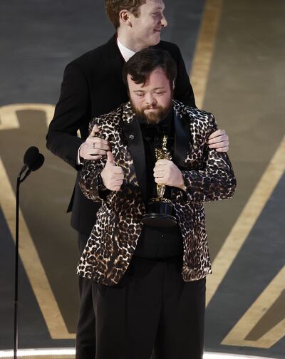 James Martin and Ross White after winning the Oscar for Best Live Action Short Film for An Irish Goodbye during the 95th annual Academy Awards ceremony at the Dolby Theatre in Hollywood, Los Angeles. Photograph: Etienne Laurent/EPA