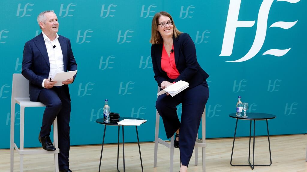 HSE chief executive Paul Reid with Anne O’Connor, chief operations officer, at the Health Service Executive weekly press briefing in Dublin. Photograph: Leon Farrell/Photocall Ireland