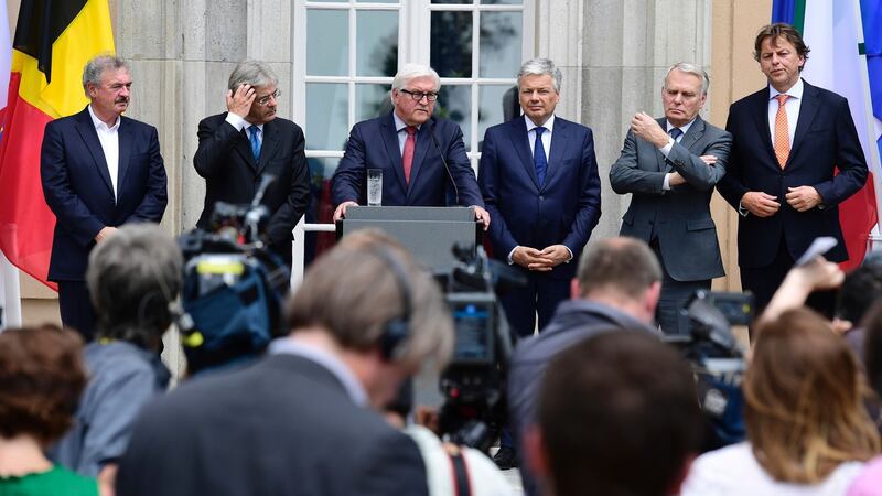 (Right to left) Luxembourg’s foreign minister Jean Asselborn, Italy’s foreign minister Paolo Gentiloni, Germany’s foreign minister Frank-Walter Steinmeier, Belgium’s foreign minister Didier Reynders, France’s foreign minister Jean-Marc Ayrault and Netherlands’ foreign minister Bert Koenders attend a press conference after post-Brexit talks at the Villa Borsig in Berlin. Photograph: AFP