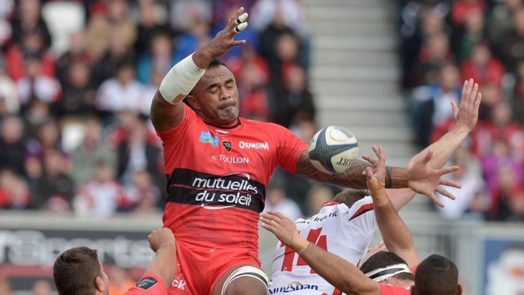 Toulon’s  Romain Taofifenua and Ulster’s Tommy Bowe compete for a loose ball  during the  Champions Cup clash at the Kingspan Stadium in Belfast. Photo:  Charles McQuillan/Getty Images