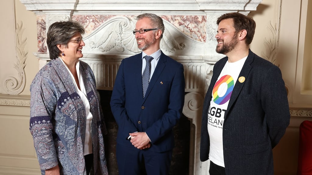 Minister for Children and Equality Roderic O’Gorman (centre) meets Jayne Ozanne, director of the Ozanne Foundation, and Alan Edge, of LGBT Ireland at the launch of LGBT Ireland’s Ban Conversion Therapy campaign. Photograpah Marc O’Sullivan