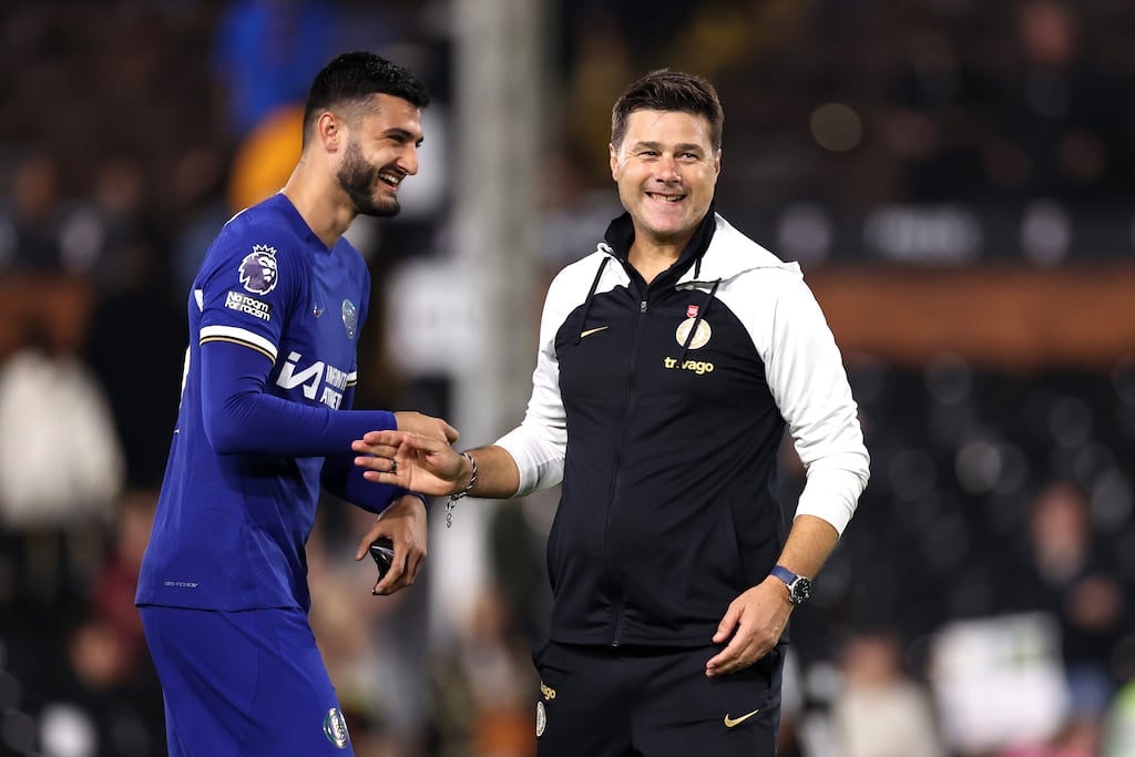 Chelsea's Armando Broja and manager Mauricio Pochettino celebrate following their Premier League win over Fulham at Craven Cottage, London, on October 2nd, 2023. Photograph: Ryan Pierse/Getty Images