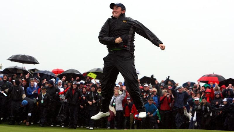 Shane Lowry celebrates after holing the putt to win the Irish Open during a play-off on the 18th green. Photograh: Cathal Noonan/Inpho
