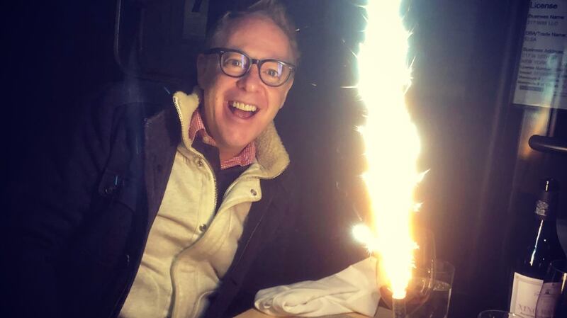 Mark O’Toole celebrating his birthday outside in February 2021 during a snowstorm