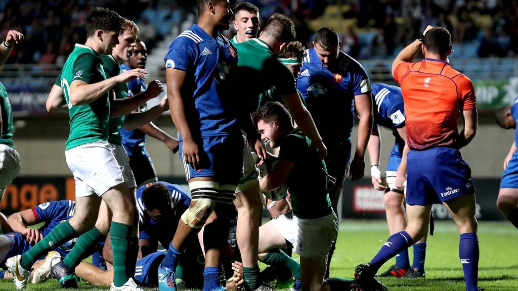 Ireland’s Hugh O’Sullivan celebrates scoring his side’s second try in the World Rugby Under-20 Championship at Stade Aime-Giral in Perpignan. Photograph: Ryan Byrne/Inpho