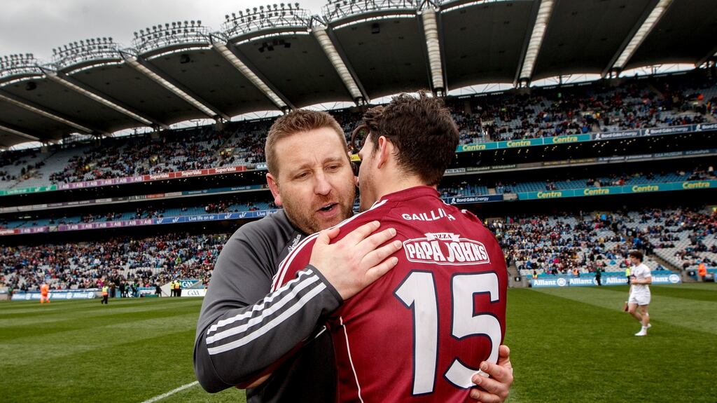 Kildare manager Cian O’Neill congratulates Galway’s Seán Armstrong: Sunday’s two-point defeat  extends Kildare’s losing record against Galway. Photograph: James Crombie/INPHO