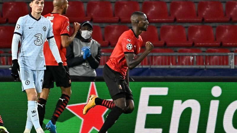 Sehrou Guirassy celebrates his goal against Chelsea. Photograph: Getty Images