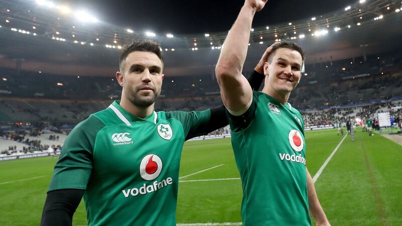 Ireland’s Johnny Sexton and Conor Murray celebrate after the dramatic victory over France last year. Photograph: Dan Sheridan/Inpho