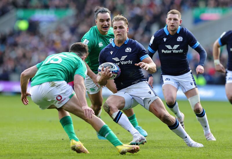 Duhan van der Merwe of Scotland runs with the ball while under pressure from Hugo Keenan of Ireland during the Six Nations match at Murrayfield Stadium on March 12th, 2023, in Edinburgh. File photograph: David Rogers/Getty Images