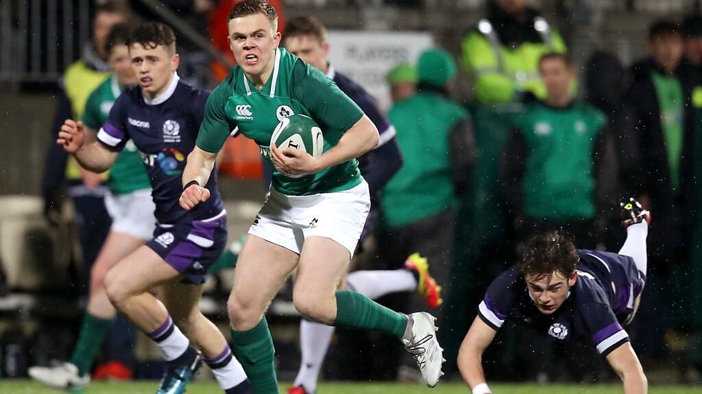 Ireland’s Michael Silvester escapes the tackle from with Ross Thompson of Scotland during last night’s Under-20 Six Nations Championship match at Donnybrook, Dublin. Photograph: Tommy Dickson/Inpho