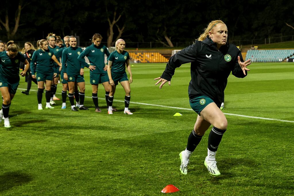Amber Barrett during an Ireland training session at the Leichhardt Ovel in Sydney ahead of Thursday's World Cup opener against Australia. Photograph: Ryan Byrne/Inpho