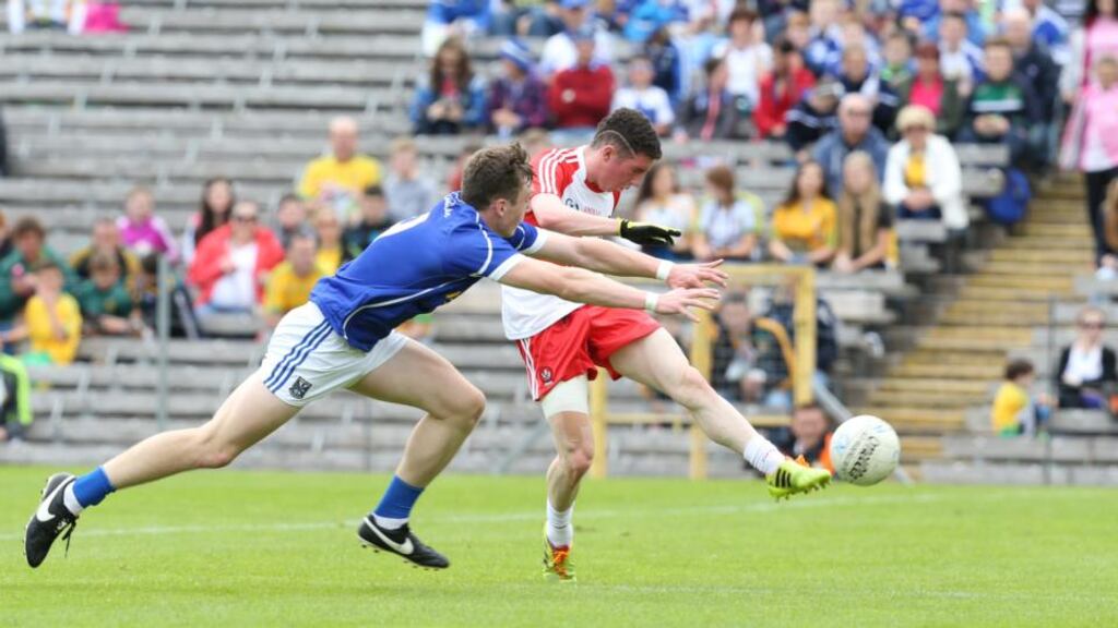 Tiaran Flanagan of Derry scores a crucial goal against Cavan during the Ulster minor final at Clones, Co Monaghan. Photograph: Inpho/ Presseye