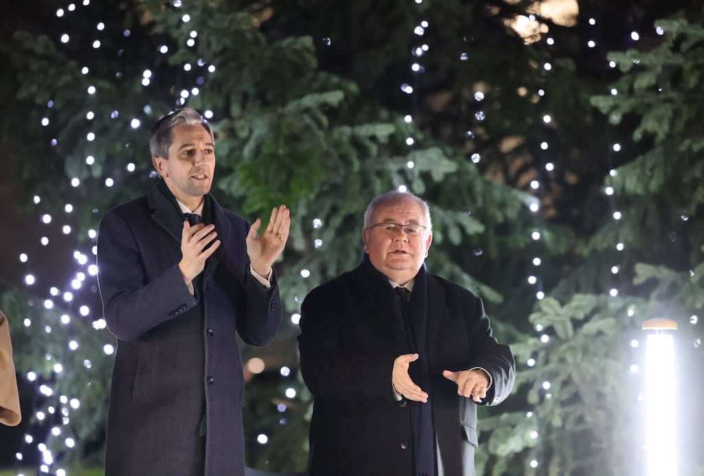 Taoiseach Simon Harris and Ceann Comhairle Seán Ó Fearghaíl switch on the Oireachtas Christmas tree lights at Leinster House: the season to be jolly. Photograph: Dara Mac Dónaill