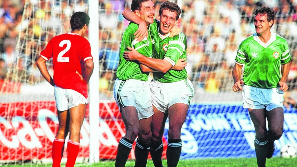 Republic of Ireland players John Aldridge and Kevin Sheedy celebrate a goal in the Word Cup qualifier against Malta on November 15th, 1989. Photograph: ©INPHO/Billy Stickland