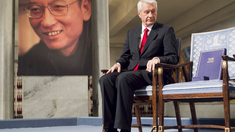 Nobel Committee chairman Thorbjorn Jagland sits next to an empty chair symbolising the absence of jailed Chinese activist Liu Xiaobo during the Peace Prize ceremony in Oslo, Norway,  December 10th, 2010. File photograph: Heiko Junge/EPA