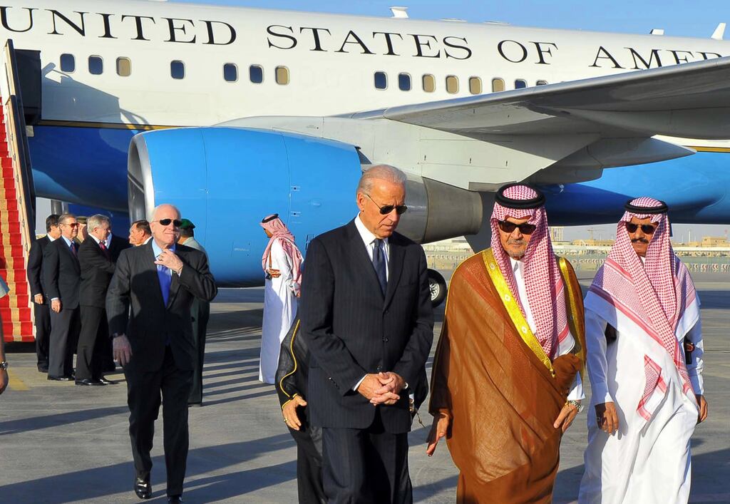 Joe Biden, then US vice-president, is welcomed to Riyadh by Saudi Arabia's then foreign minister, Prince Saud al-Faisal, in 2011. Photograph: AFP via Getty Images
