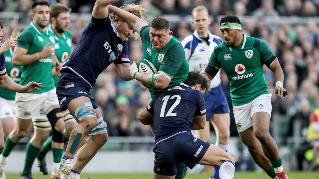 Ireland’s Tadhg Furlong with David Denton and Pete Horne of Scotland during last year’s Six Nations clash at the Aviva Stadium. Ireland won 28-8. Photograph: Tommy Dickson/Inpho