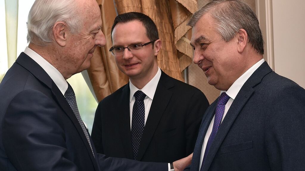 UN Special Envoy for Syria Staffan de Mistura (left) shakes hands with Russian mediator Alexander Lavrentiev at the fourth round of Syria peace talks taking place in Astana, Kazakhstan. Photograph: AFP/Getty Images