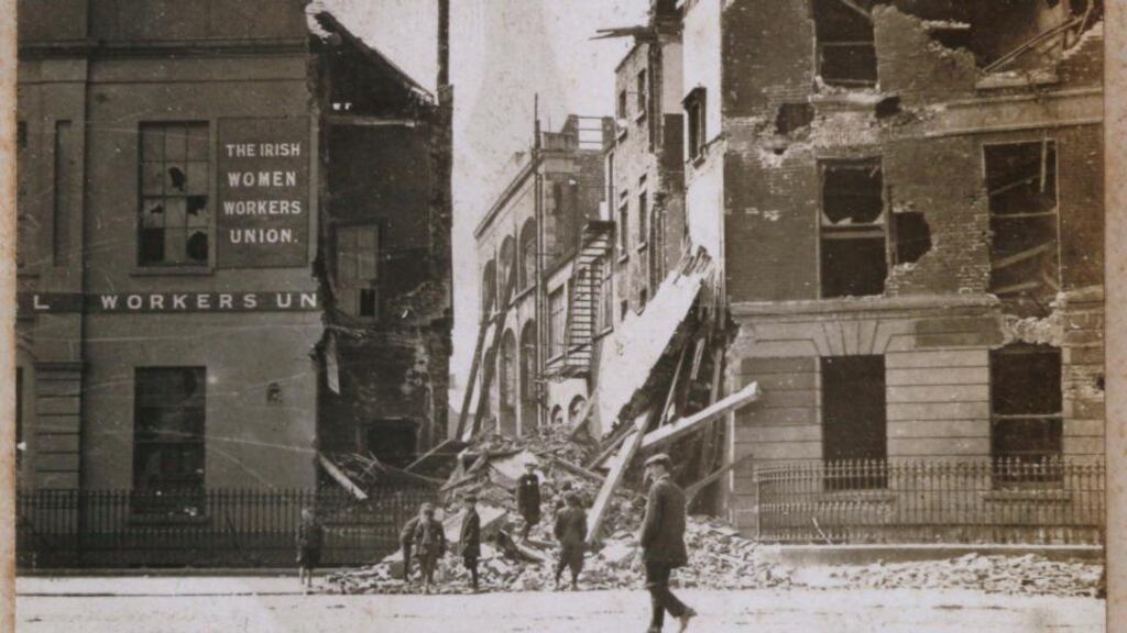 Bringing history to life: a photograph of ruined buildings in Dublin after the 1916 Easter Rising. Photograph: Royal Irish Academy