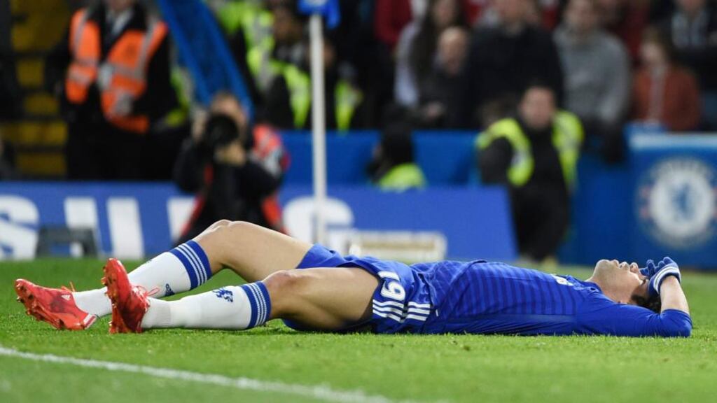 Chelsea’s Diego Costa lies injured at Stamford Bridge last weekend. Photograph: EPA